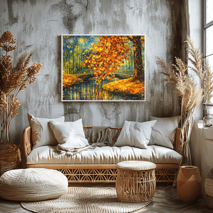 A horizontal landscape art print in the style of Gustav Klimt. A large tree with shimmering golden and orange mosaic-style leaves hangs over a dark blue pond. An ornate black bridge with golden spiral patterns crosses the water in the background. The sky is filled with stylized yellow swirls and stars. The ground is covered in golden leaves, and the entire scene is rich with decorative textures and vibrant metallic tones.