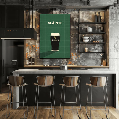 A vertical minimalist graphic with a dark green tiled background. A pint of Guinness with a gold harp logo sits at the bottom, casting a long shadow to the left. At the top, the word "SLÁINTE" is written in a bold, cream-colored font.
