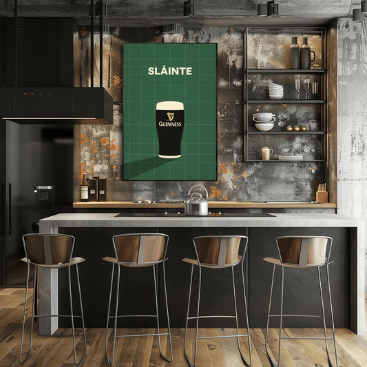 A vertical minimalist graphic with a dark green tiled background. A pint of Guinness with a gold harp logo sits at the bottom, casting a long shadow to the left. At the top, the word "SLÁINTE" is written in a bold, cream-colored font.