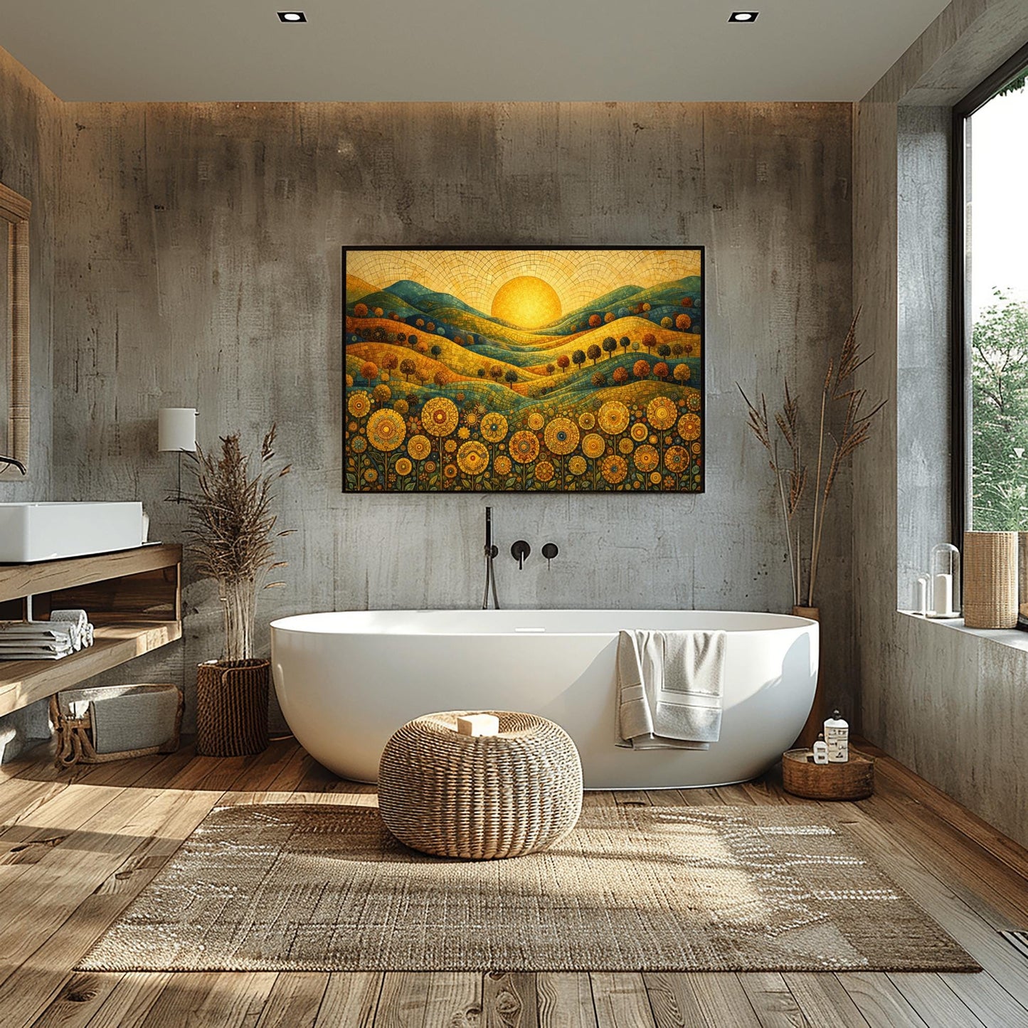 A horizontal landscape illustration in a mosaic style. A large golden sun is centered in a tiled sky above rolling hills of teal, gold, and orange. The hills are populated with small rounded trees. The foreground is a dense field of intricate, circular mandala-style flowers.