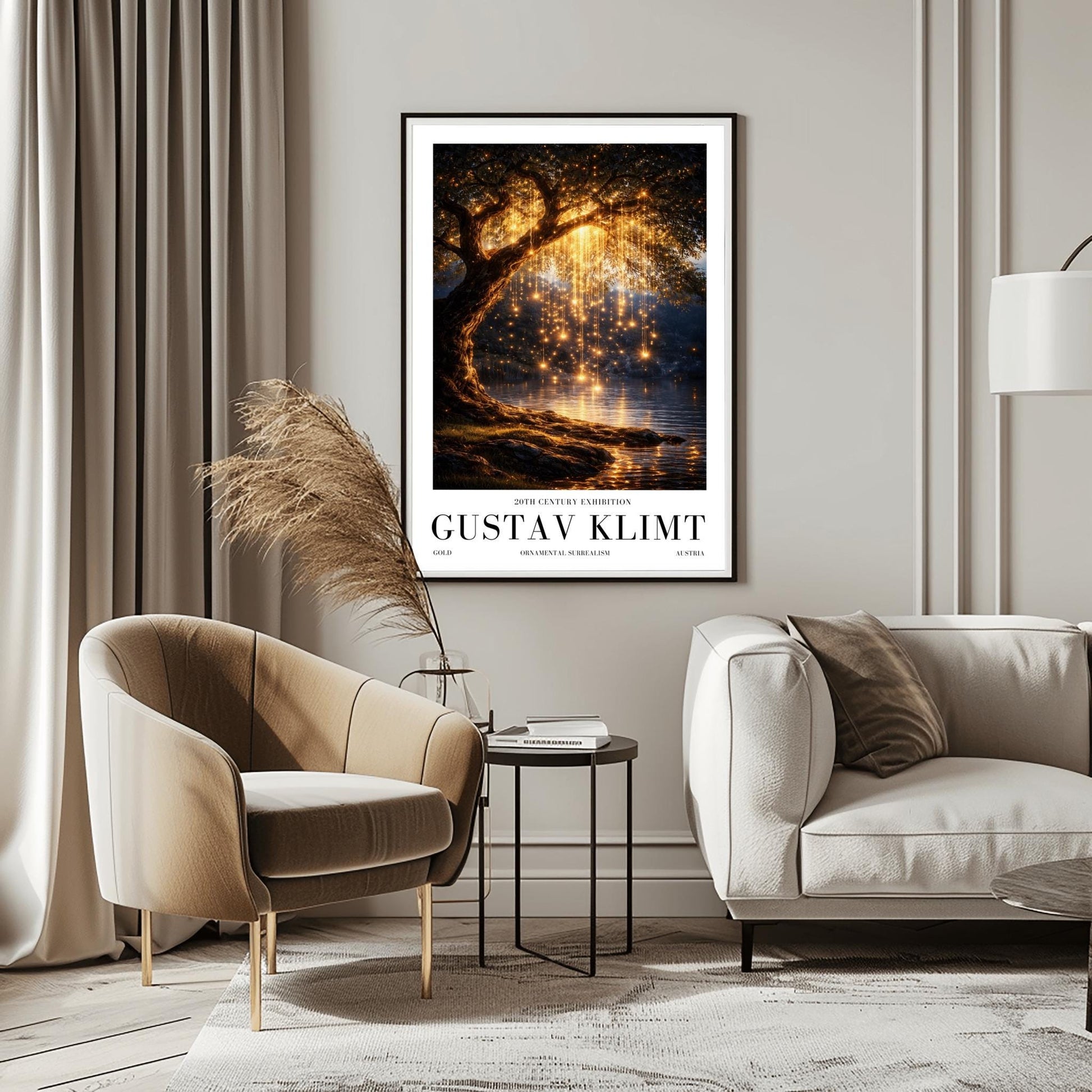 A vertical full-bleed illustration of a weeping willow tree at night in the style of Gustav Klimt. The branches hang down like strings of golden lights over a dark lake. The water reflects the golden glow, and the tree stands on a mossy bank against a dark forest background.