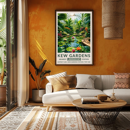 A vertical retro London Underground travel poster for Kew Gardens on a wide cream border. The top image shows an immersive illustration inside a grand Victorian glass conservatory dome. A curved brick pathway encircles a glassy pond filled with giant round lily pads and blooming pink, orange, and white lotus flowers that reflect the grid of the glass roof. Towering fan palms and exotic orange flowers frame the sides, leading to an arched glass doorway in the background.