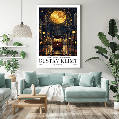 A vertical museum exhibition poster in the style of Gustav Klimt. A vintage-style red and brown streetcar sits on tracks in a Tokyo street at night, flanked by modern buildings. A massive golden moon with mosaic patterns fills the top of a dark sky crowded with golden spirals. Bold black text at the bottom reads "GUSTAV KLIMT" and "THE SAKURA KISS."