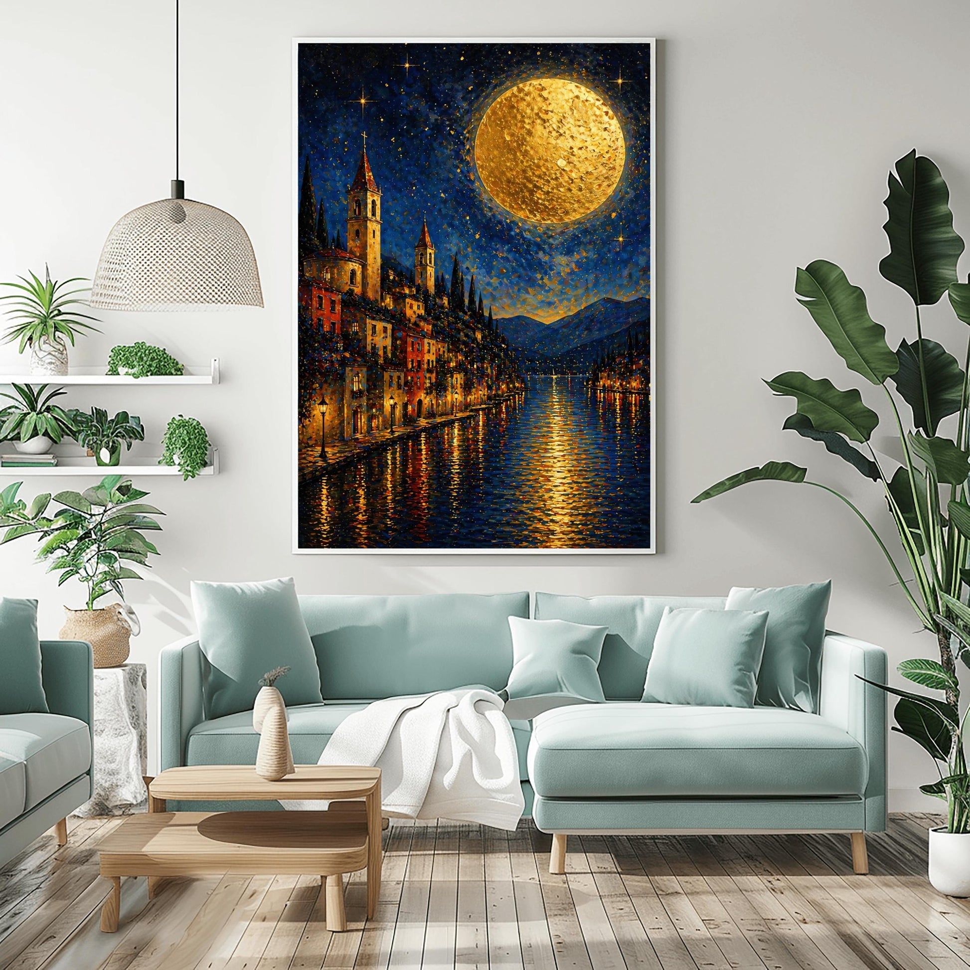 A vertical art print in a decorative mosaic style inspired by Gustav Klimt. A steep lakeside village with warm-lit windows and tall, pointed church spires rises from the edge of dark blue water. A massive, textured golden moon dominates the upper right of a starry night sky. The lights of the town and the moon reflect in long, vertical golden lines on the rippled water surface. Dark blue mountains are visible in the background.