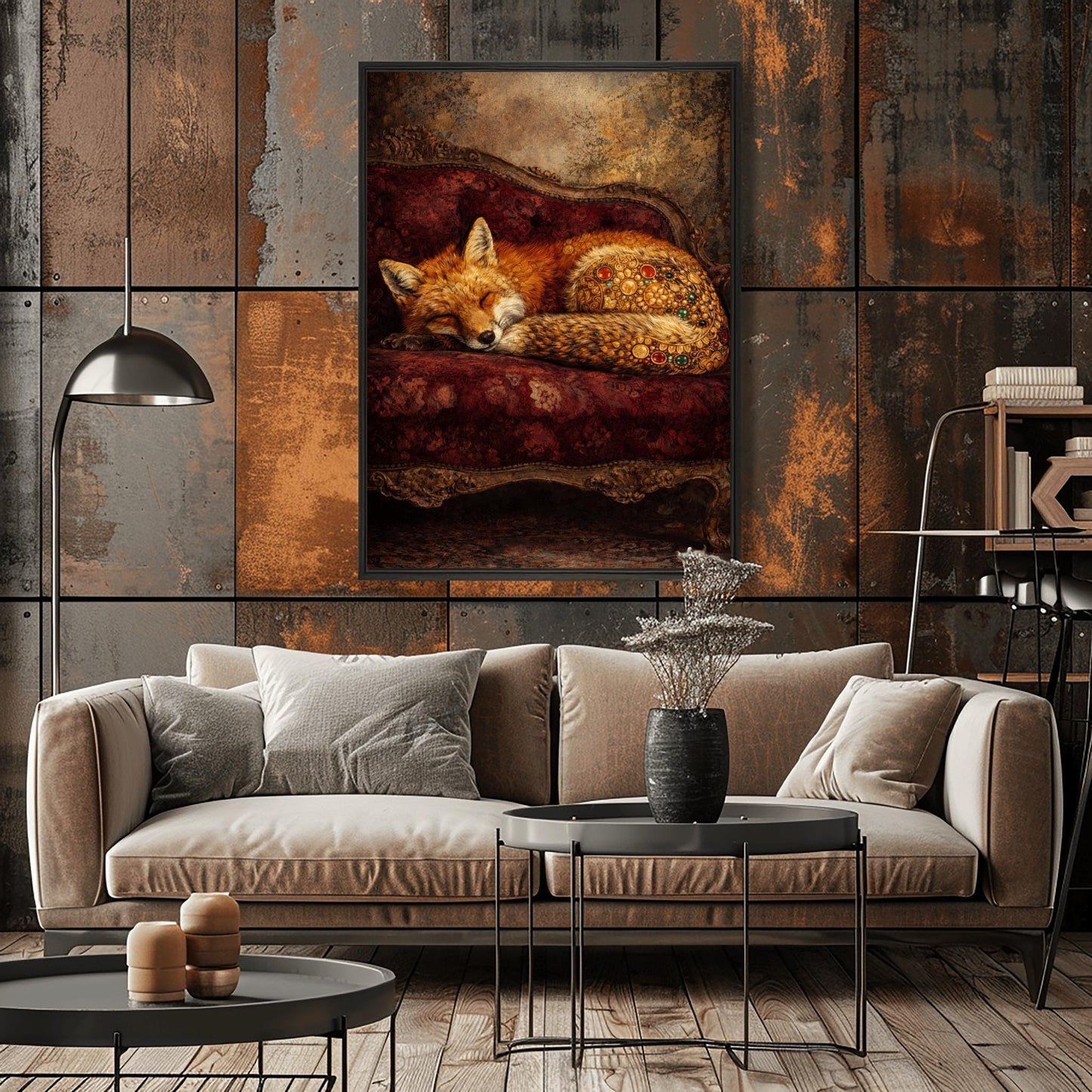 Gustav Klimt Sleeping Fox Art - Ornamental Surrealism Forest Animal Print - Luxury Gold & Crimson Velvet Decor - Gilded Red Fox Fine Art - Moody Maximalist Wall Decor