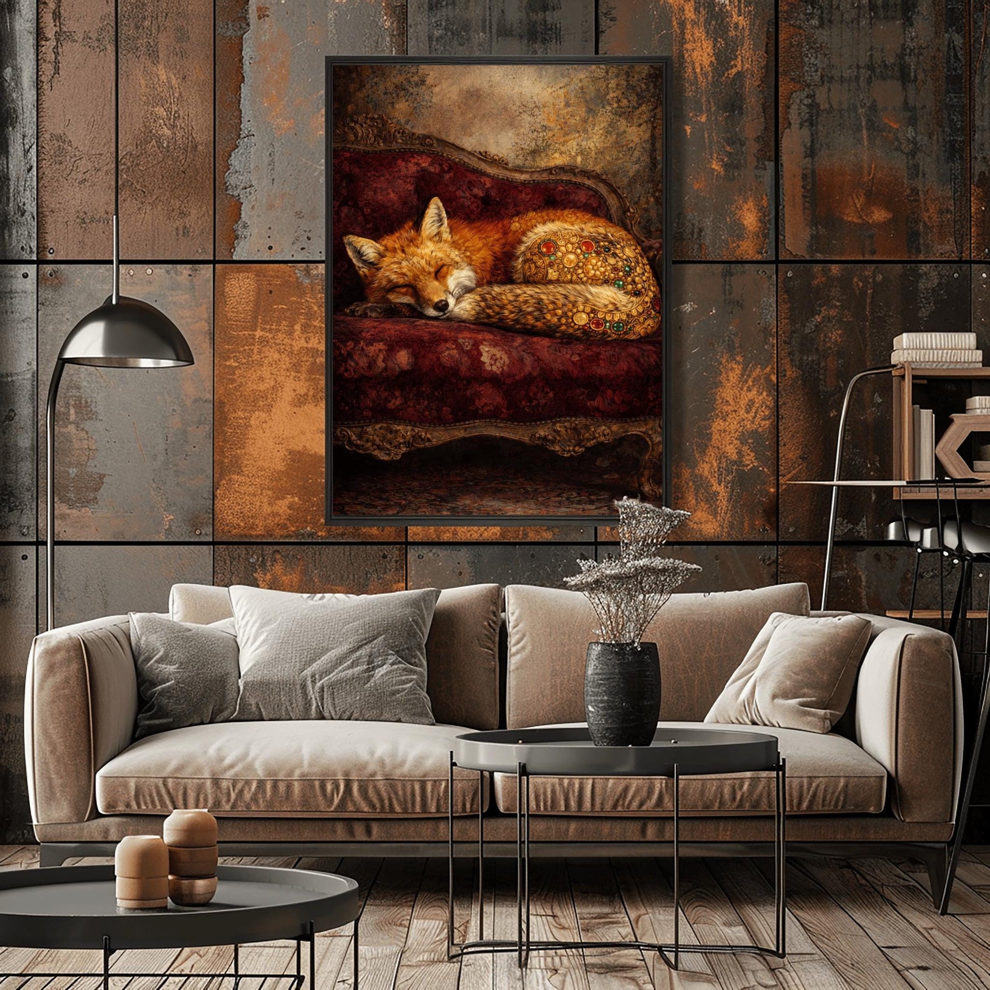 Gustav Klimt Sleeping Fox Art - Ornamental Surrealism Forest Animal Print - Luxury Gold & Crimson Velvet Decor - Gilded Red Fox Fine Art - Moody Maximalist Wall Decor