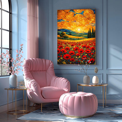 A vertical fine art print in the style of Gustav Klimt. A foreground of vibrant red poppies leads to rolling blue and green hills with cypress trees. The sky is filled with large, shimmering golden spirals and a bright sun, created in a mosaic style.