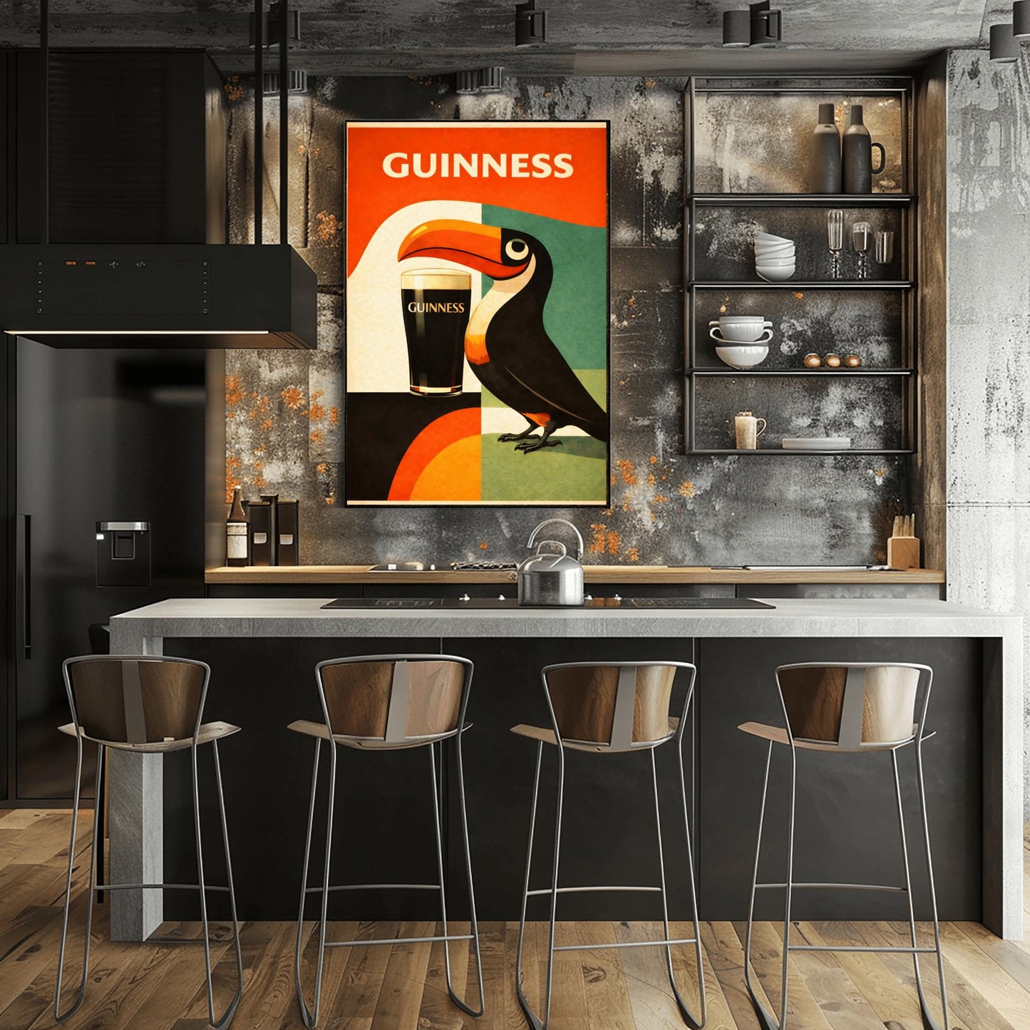 A vertical minimalist poster for Guinness in a mid-century modern style. A stylized, geometric toucan stands next to a pint of beer. The background is made of large blocks of orange, teal, and black. Bold white text at the top reads "GUINNESS."