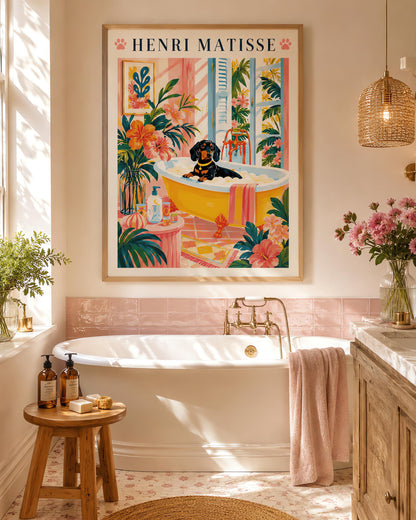 A vertical minimalist fine art exhibition poster in the style of Henri Matisse, bordered by a wide white frame margin. In the center, a simple black line drawing illustrates a Dachshund sitting inside a vintage white clawfoot bathtub. The composition is flanked by large, flat abstract paper-cut shapes, including an organic royal blue botanical frond on the left and a terracotta red coral cutout on the right against a solid white background.