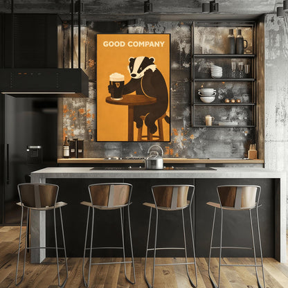 A vertical modern illustration of a cute black and white badger sitting at a round wooden bar table. The badger is leaning on one arm and holding a pint of Guinness with the other. The text "GOOD COMPANY" is written in bold at the top against a warm amber background.