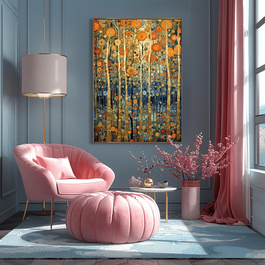 A vertical fine art print in the style of Gustav Klimt. Several slender tree trunks made of solid gold leaf stand vertically against a background of floating, concentric circular patterns in orange, gold, and blue. The bottom of the forest is a deep indigo blue filled with small mosaic dots.