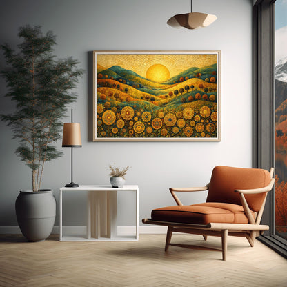 A horizontal landscape illustration in a mosaic style. A large golden sun is centered in a tiled sky above rolling hills of teal, gold, and orange. The hills are populated with small rounded trees. The foreground is a dense field of intricate, circular mandala-style flowers.