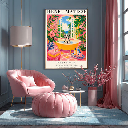 A vertical maximalist art print styled as a Henri Matisse exhibition poster. A black and white spotted Dalmatian dog with its tongue out sits happily in a bright yellow clawfoot bathtub filled with water. The bathroom has hot pink walls, pink and yellow checkered tiles, and is filled with lush green tropical plants and pink flowers. Open arched doors in the background show a view of a blue sea with a white sailboat and palm trees. Bold black text at the top