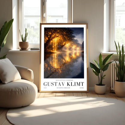 A vertical full-bleed landscape illustration in the style of Gustav Klimt. A row of weeping willow trees with branches made of liquid gold and sparkling embers lines a dark, tranquil river. The golden light reflects brilliantly on the water's surface under a dark twilight sky.