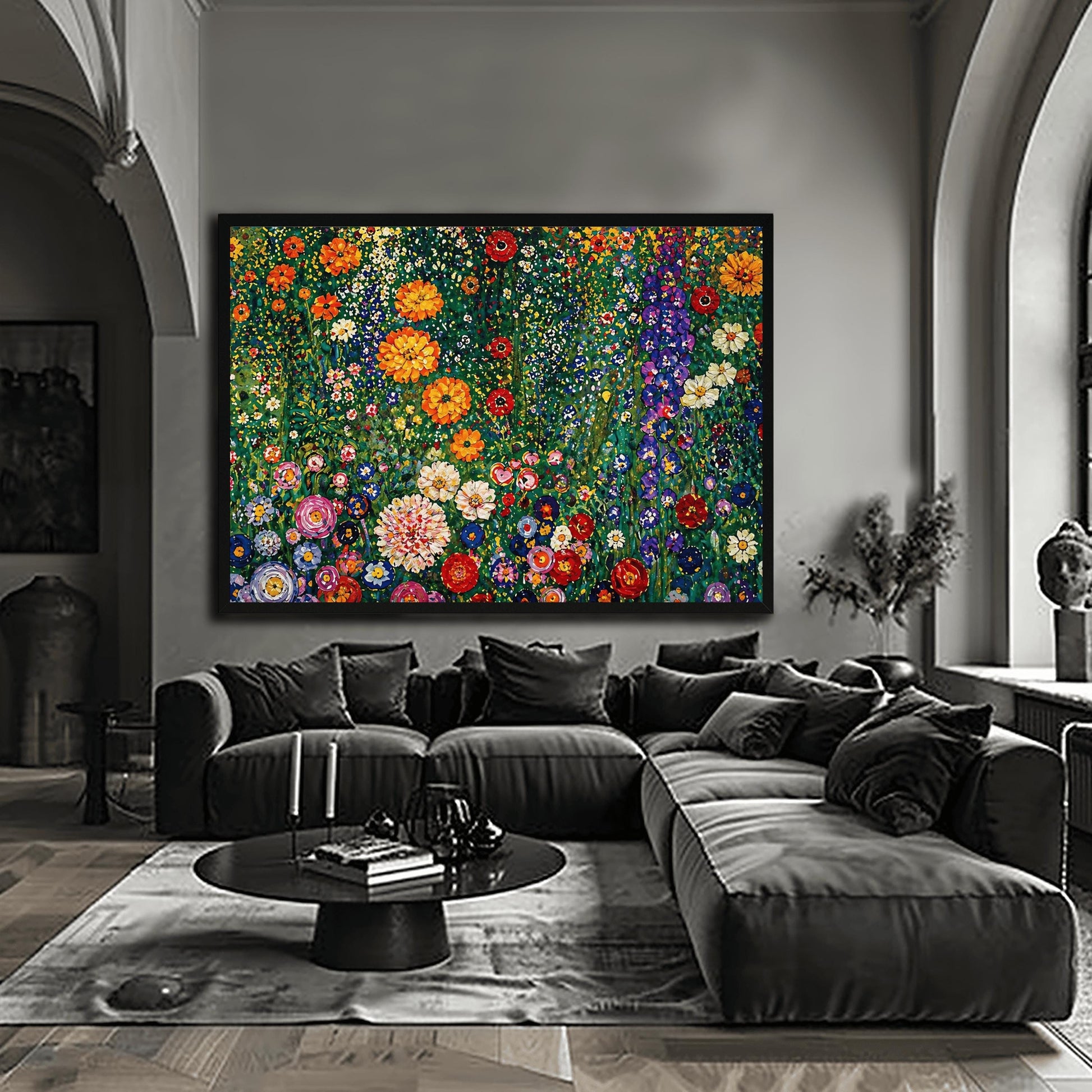 A horizontal art print featuring a dense and vibrant field of wildflowers in the style of Gustav Klimt. The image is a maximalist mosaic of colors, with large orange and red flowers, tall purple stalks, and small white and yellow daisies packed tightly together. The background is a lush, dappled green. The painting style uses small, thick brushstrokes to create a textured, tapestry-like effect across the entire surface.