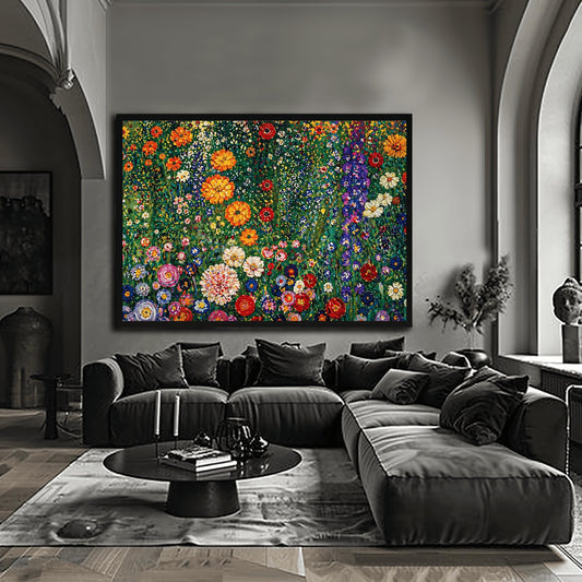 A horizontal art print featuring a dense and vibrant field of wildflowers in the style of Gustav Klimt. The image is a maximalist mosaic of colors, with large orange and red flowers, tall purple stalks, and small white and yellow daisies packed tightly together. The background is a lush, dappled green. The painting style uses small, thick brushstrokes to create a textured, tapestry-like effect across the entire surface.