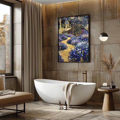 A vertical fine art print in the style of Gustav Klimt. A winding, textured golden path leads through a garden of blue and purple flowers. Stylized trees with golden mosaic patterns on their trunks stand on the sides under a dark blue sky filled with golden circles and star-like shapes.