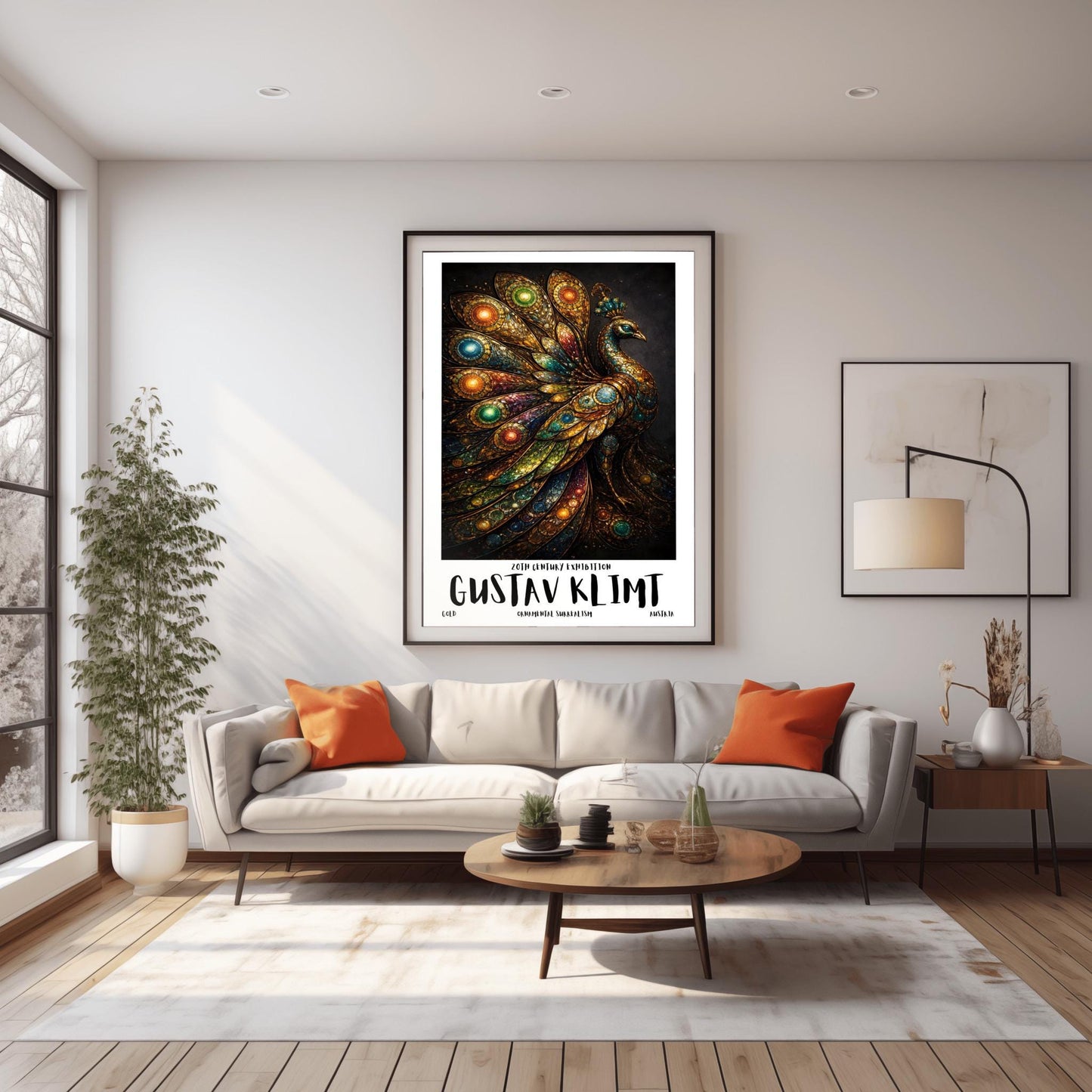 A vertical exhibition poster for Gustav Klimt. A peacock is shown in profile with a large, spread-out tail made of golden mosaic patterns and glowing jewel-toned circles in green, blue, and amber. The background is dark, and the bottom features bold text reading "GUSTAV KLIMT."