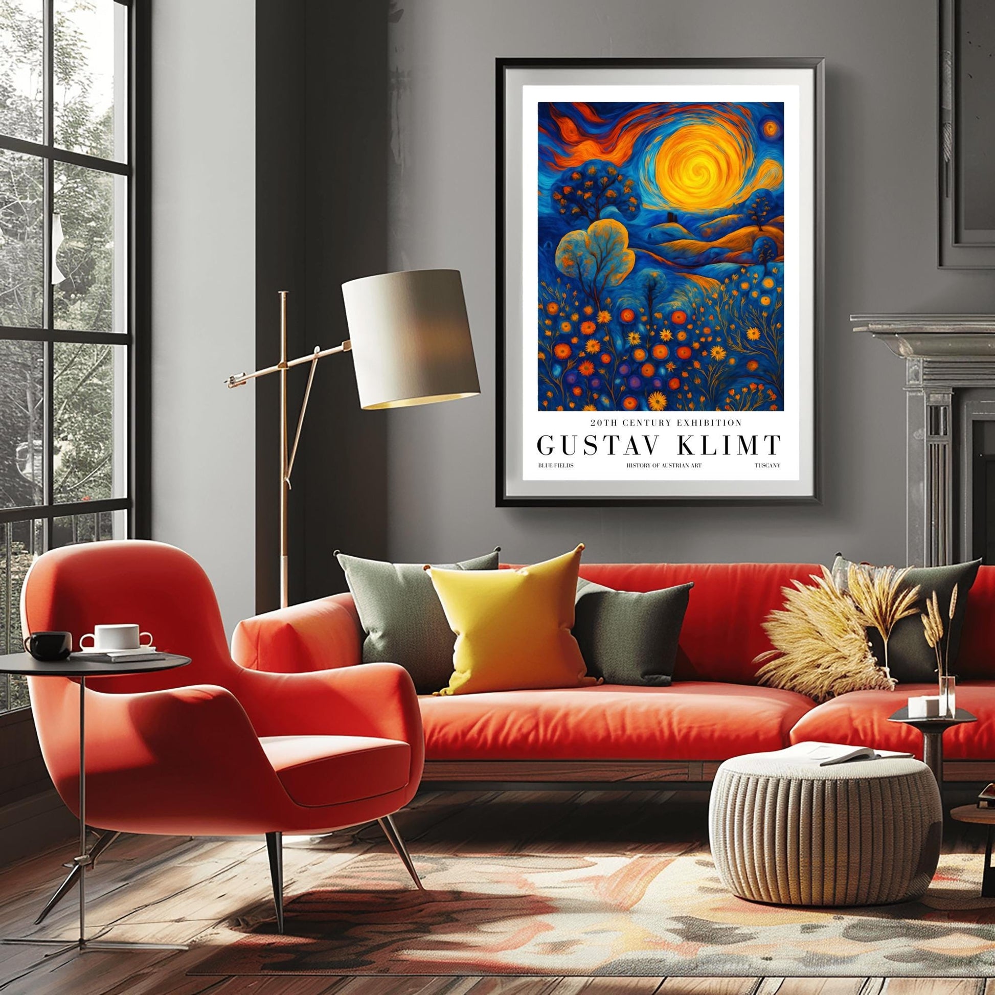 A vertical museum exhibition poster in the style of Gustav Klimt. A large, swirling golden sun sits in a sky of orange and blue clouds over rolling blue hills. The foreground is a meadow of orange circular flowers. Below the image, bold black text reads "GUSTAV KLIMT" and "BLUE FIELDS" on a white border.