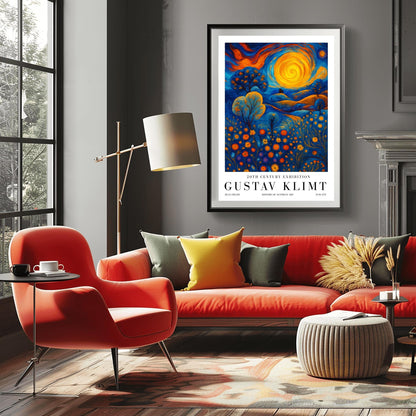 A vertical museum exhibition poster in the style of Gustav Klimt. A large, swirling golden sun sits in a sky of orange and blue clouds over rolling blue hills. The foreground is a meadow of orange circular flowers. Below the image, bold black text reads "GUSTAV KLIMT" and "BLUE FIELDS" on a white border.