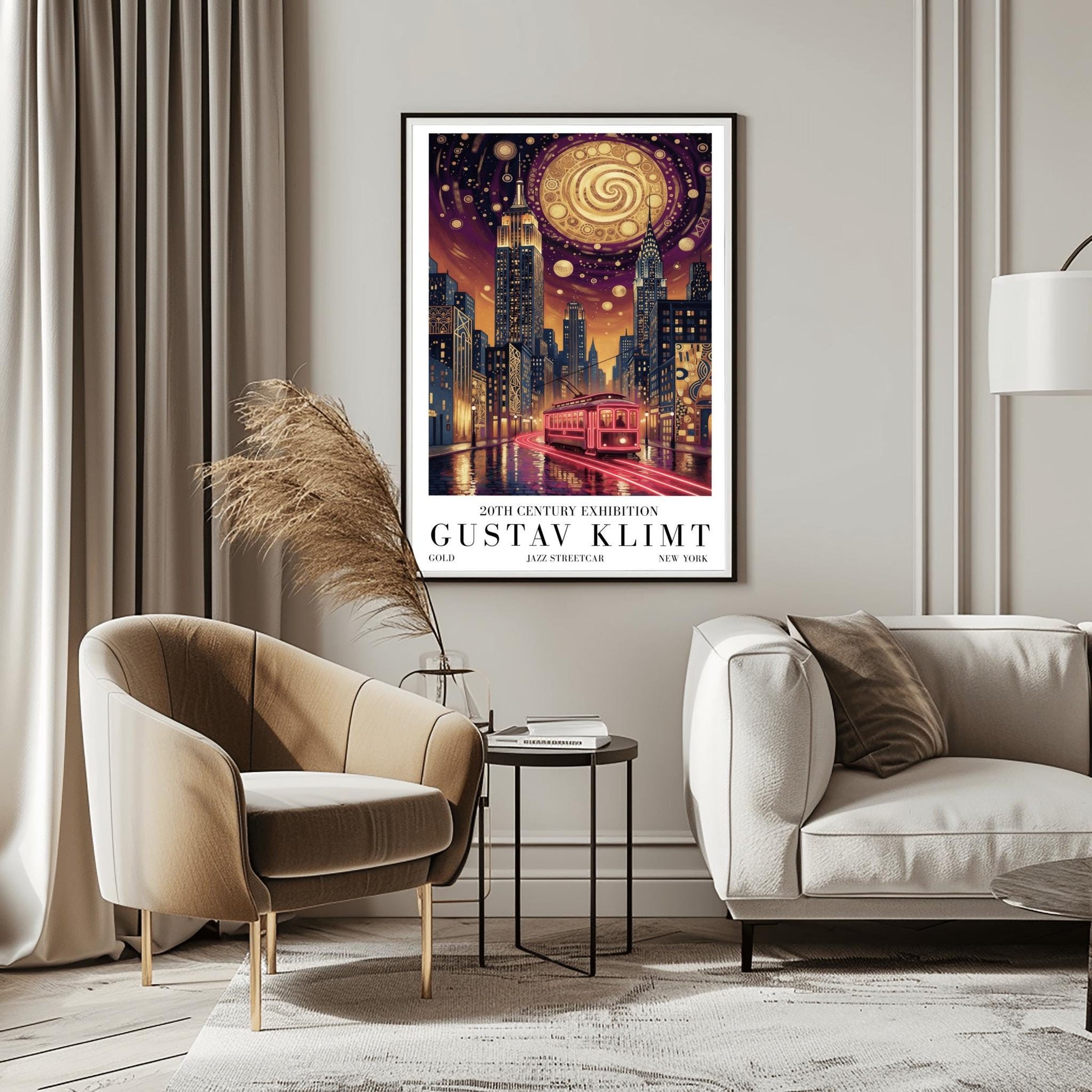 A vertical museum exhibition poster in the style of Gustav Klimt. A glowing red streetcar travels down a New York City street toward the Empire State Building and Chrysler Building at night. The sky is dark purple with a massive golden mosaic moon. Bold black text at the bottom reads "GUSTAV KLIMT" and "JAZZ STREETCAR."