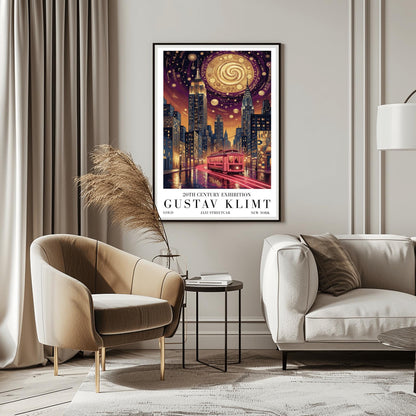 A vertical museum exhibition poster in the style of Gustav Klimt. A glowing red streetcar travels down a New York City street toward the Empire State Building and Chrysler Building at night. The sky is dark purple with a massive golden mosaic moon. Bold black text at the bottom reads "GUSTAV KLIMT" and "JAZZ STREETCAR."