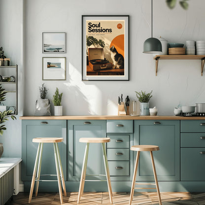 A vertical retro fine art poster titled "Soul Sessions" on a wide cream border. The design features a bold black heading at the top above the text "GOOD MUSIC. GOOD COMPANY." In the central artwork, a black and white tuxedo cat sits contentedly next to an open tan Crosley record player spinning a vinyl record. A large orange sun shape and a monstera plant decorate the background.