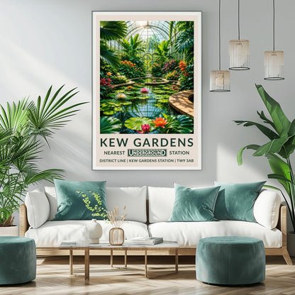 A vertical retro London Underground travel poster for Kew Gardens on a wide cream border. The top image shows an immersive illustration inside a grand Victorian glass conservatory dome. A curved brick pathway encircles a glassy pond filled with giant round lily pads and blooming pink, orange, and white lotus flowers that reflect the grid of the glass roof. Towering fan palms and exotic orange flowers frame the sides, leading to an arched glass doorway in the background.