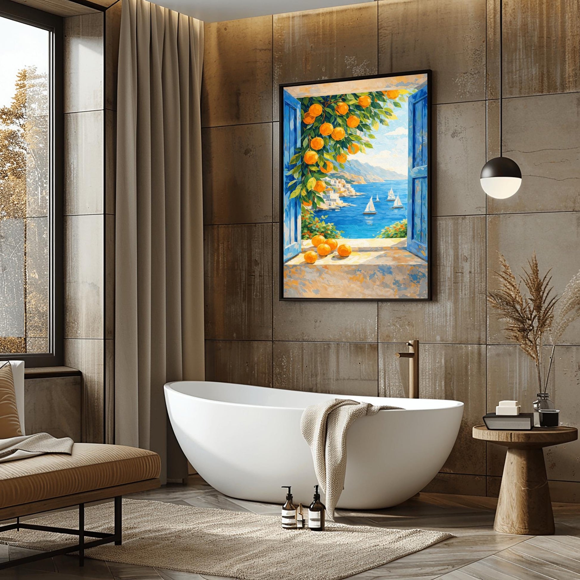 A vertical painterly illustration of a view through an open window with blue shutters. A branch with many bright oranges hangs in the top left. Outside, white sailboats float on a deep blue sea next to a white hillside village and mountains.