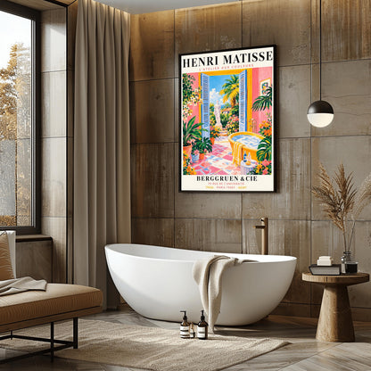 A vertical minimalist fine art exhibition poster in the style of Henri Matisse, featuring a wide white border layout. In the center, a simple black line drawing illustrates a vintage clawfoot bathtub sitting on a terracotta red balcony floor. The balcony opens out to a view of a flat royal blue ocean and a mustard yellow sky. The entire composition is framed by flat paper-cut abstract organic coral leaf shapes against a solid white backdrop.