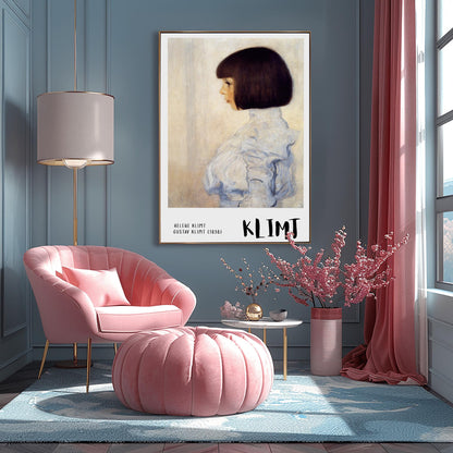A vertical museum exhibition poster featuring Gustav Klimt's 1898 portrait of "Helene Klimt." A young girl with a dark bob haircut is shown in profile wearing a high-collared white lace blouse. The background is a muted cream. The bottom border is light grey with bold black text reading "HELENE KLIMT" and "KLIMT."