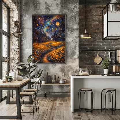 A vertical fine art print in the style of Gustav Klimt. A glowing path winds through a dense field of amber-colored wildflowers. Dark silhouettes of trees stand in the middle ground. The night sky is a deep indigo nebula filled with golden stars and a large, glowing full moon.