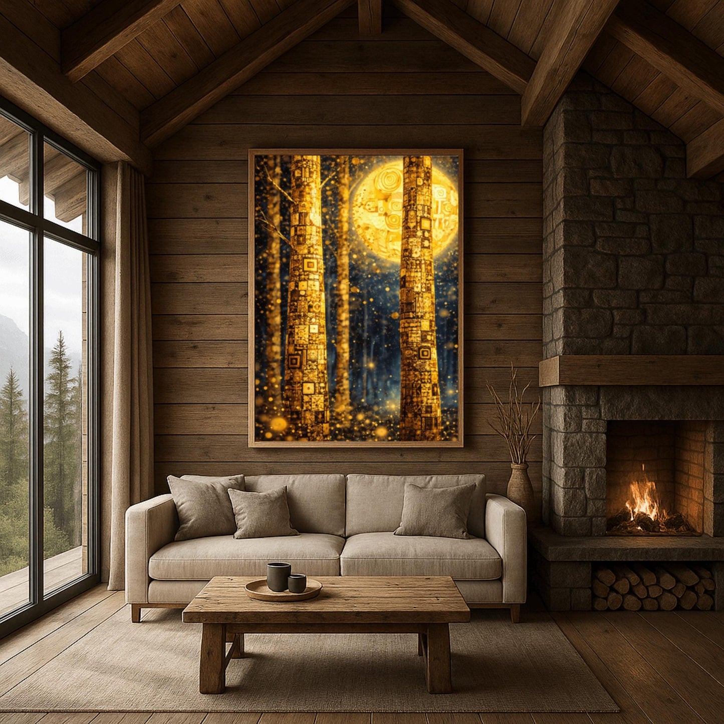 A vertical art print in the style of Gustav Klimt. Two tall tree trunks in the foreground are covered in a dense, golden mosaic of squares, circles, and intricate geometric patterns. In the background, a large, glowing golden moon with swirling patterns hangs in a dark blue forest. The entire scene is filled with shimmering golden light particles and soft bokeh orbs, creating a luminous and magical atmosphere.