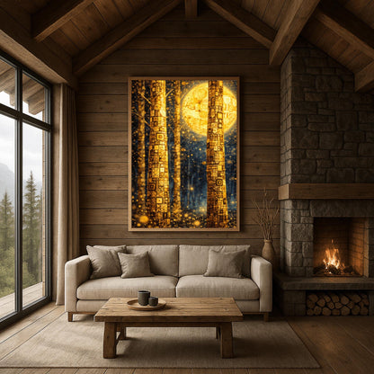 A vertical art print in the style of Gustav Klimt. Two tall tree trunks in the foreground are covered in a dense, golden mosaic of squares, circles, and intricate geometric patterns. In the background, a large, glowing golden moon with swirling patterns hangs in a dark blue forest. The entire scene is filled with shimmering golden light particles and soft bokeh orbs, creating a luminous and magical atmosphere.