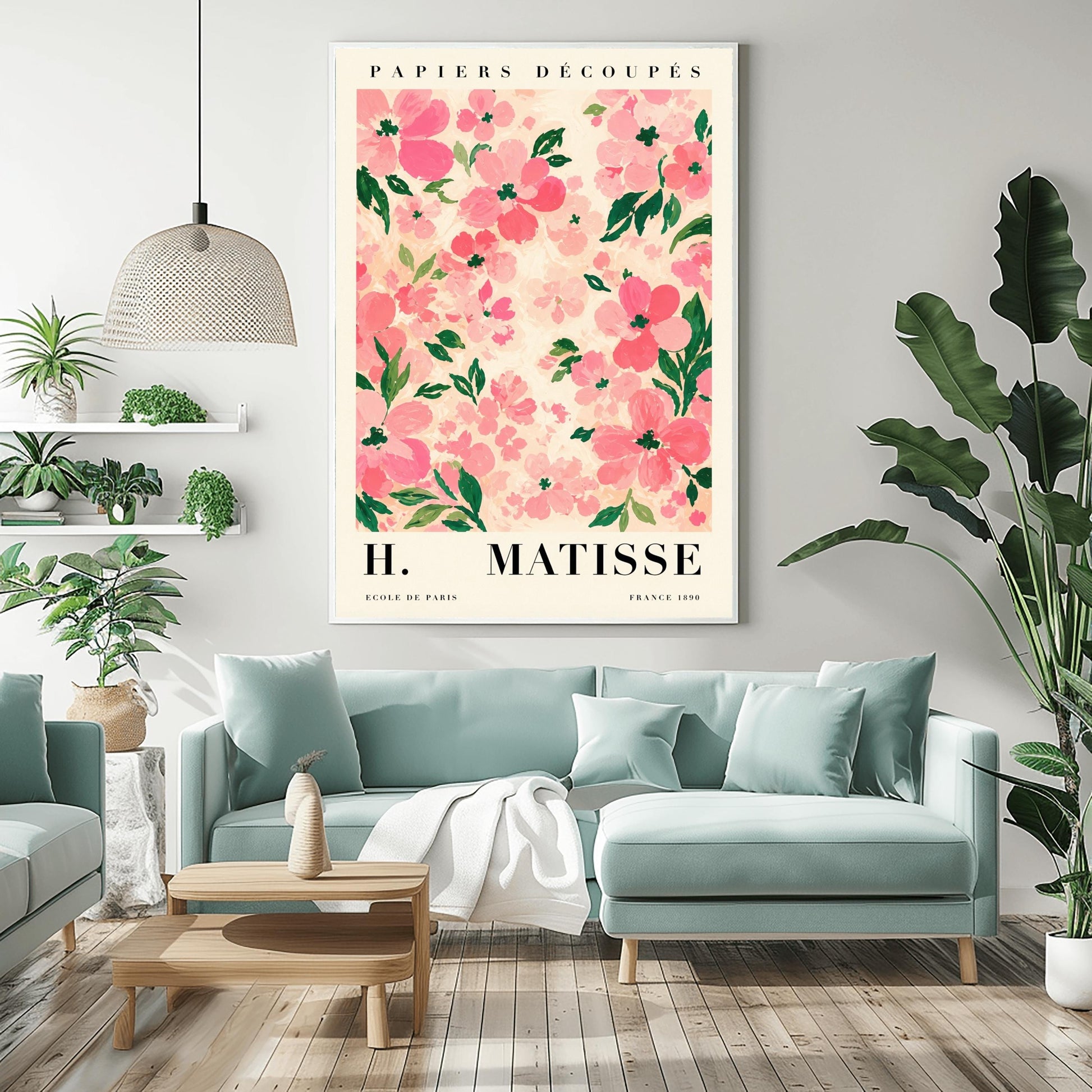 A vertical art print styled as a Henri Matisse exhibition poster. The central image is a dense pattern of soft pink and rose-colored flowers with dark green leaves on a cream-colored background. The flowers are painted with visible, textured brushstrokes. Above the image, the words "PAPIERS DÉCOUPÉS" are written in a black serif font. Below the image, the text reads "H. MATISSE" in large letters, with "ECOLE DE PARIS" and "FRANCE 1890" in smaller text at the bottom.