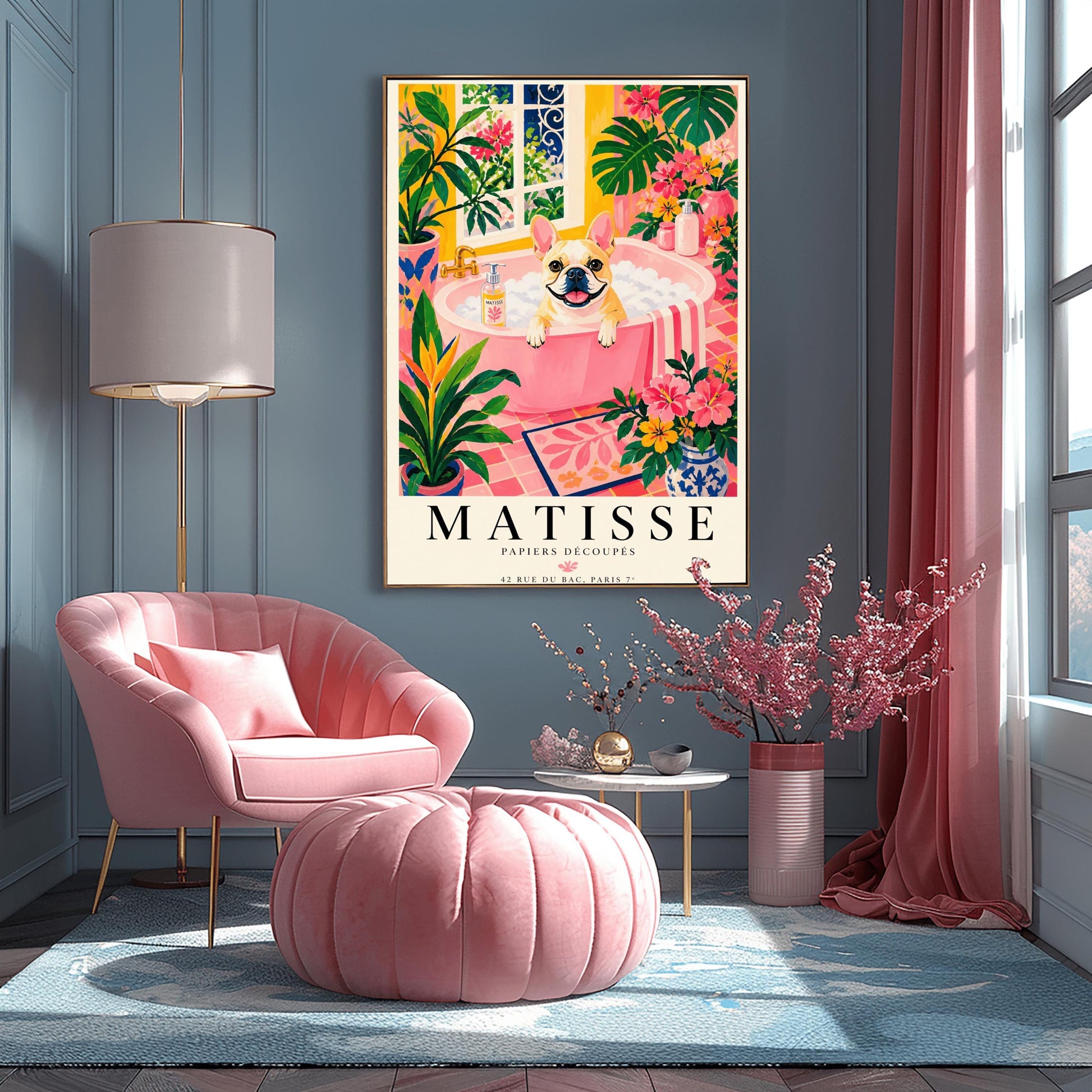 A vertical maximalist art print styled as a Henri Matisse exhibition poster. A tan and white French Bulldog with a wide, happy smile sits in a pink bathtub filled with white bubbles. The bathroom is vibrant with pink tiled floors, yellow walls, and a large window looking out onto a garden. The scene is filled with tropical plants like Monstera and Birds of Paradise. Bold black text at the bottom reads "MATISSE PAPIERS DÉCOUPÉS" with a Paris gallery address.