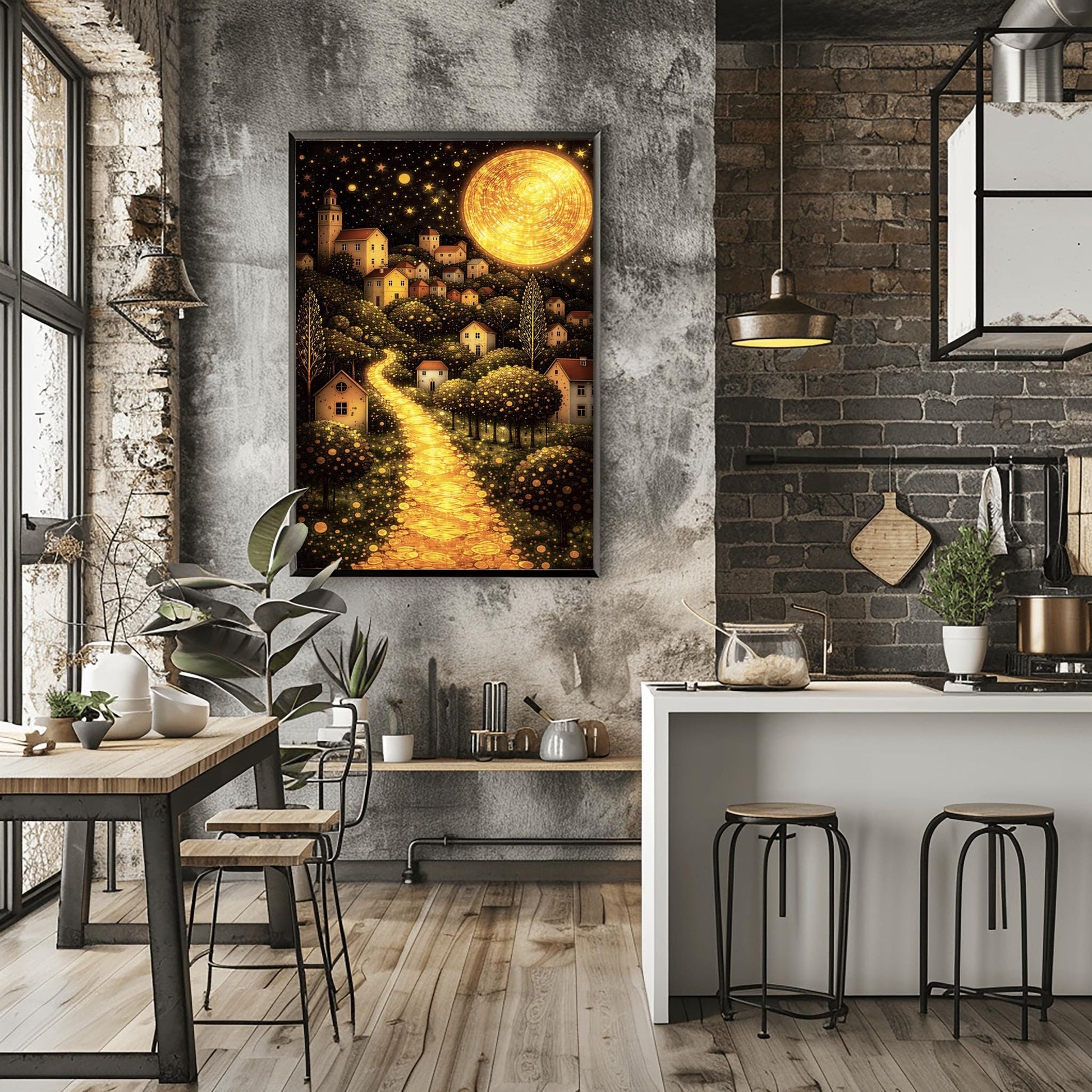 A vertical fine art landscape in the style of Gustav Klimt. A huge, textured golden moon shines in a starry night sky. A glowing golden path winds up a hillside past trees filled with shimmering golden dots toward a village of small houses with lit windows.