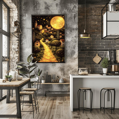 A vertical fine art landscape in the style of Gustav Klimt. A huge, textured golden moon shines in a starry night sky. A glowing golden path winds up a hillside past trees filled with shimmering golden dots toward a village of small houses with lit windows.