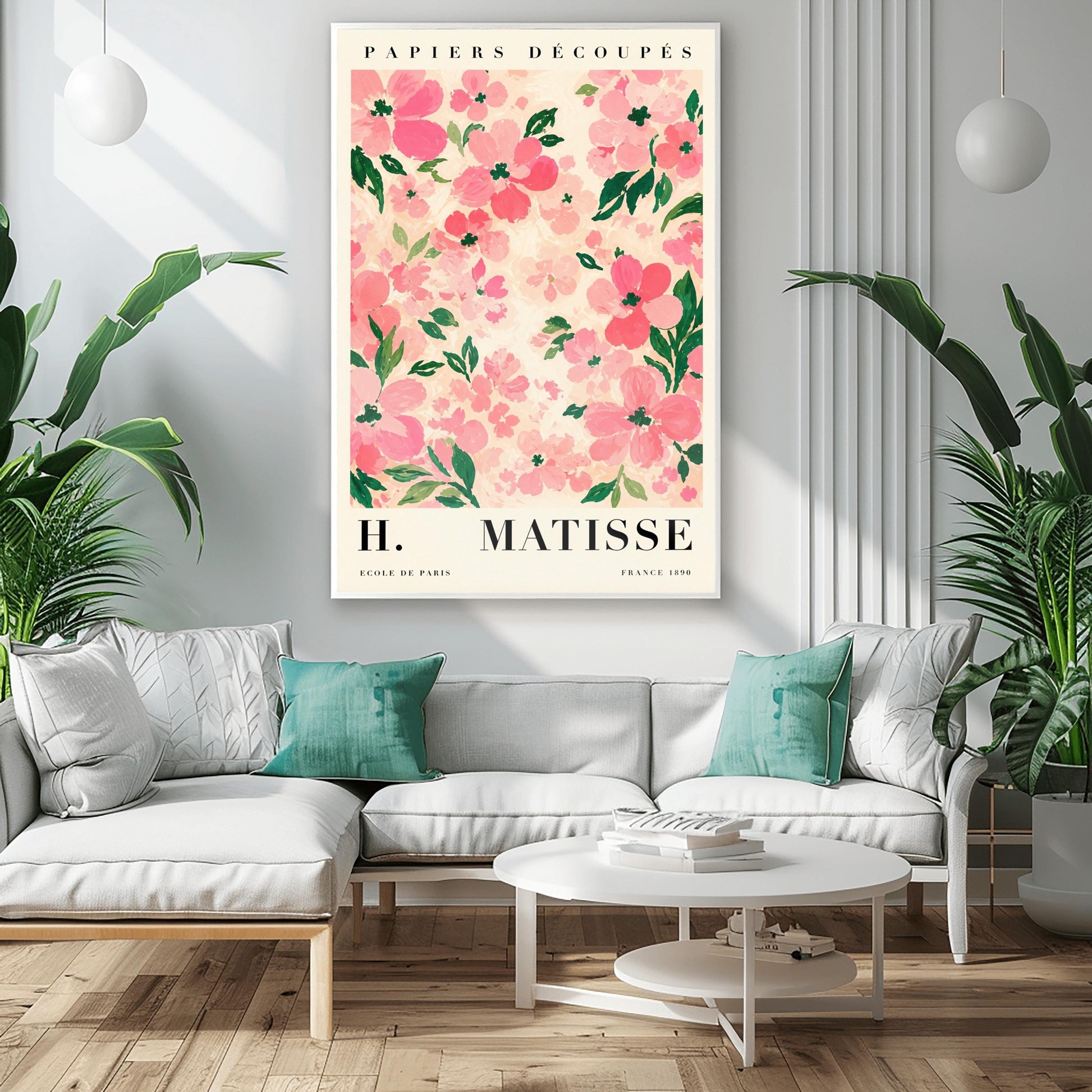 A vertical art print styled as a Henri Matisse exhibition poster. The central image is a dense pattern of soft pink and rose-colored flowers with dark green leaves on a cream-colored background. The flowers are painted with visible, textured brushstrokes. Above the image, the words "PAPIERS DÉCOUPÉS" are written in a black serif font. Below the image, the text reads "H. MATISSE" in large letters, with "ECOLE DE PARIS" and "FRANCE 1890" in smaller text at the bottom.