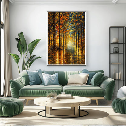 A vertical, highly detailed oil painting in the style of Gustav Klimt. A forest path lined with tall, slender trees is illuminated by a warm, golden light at the end of the corridor. The leaves are a mosaic of gold, orange, and red circles and geometric shapes. The path in the foreground is wet and reflects the brilliant colors of the trees in a shimmering, textured pattern.