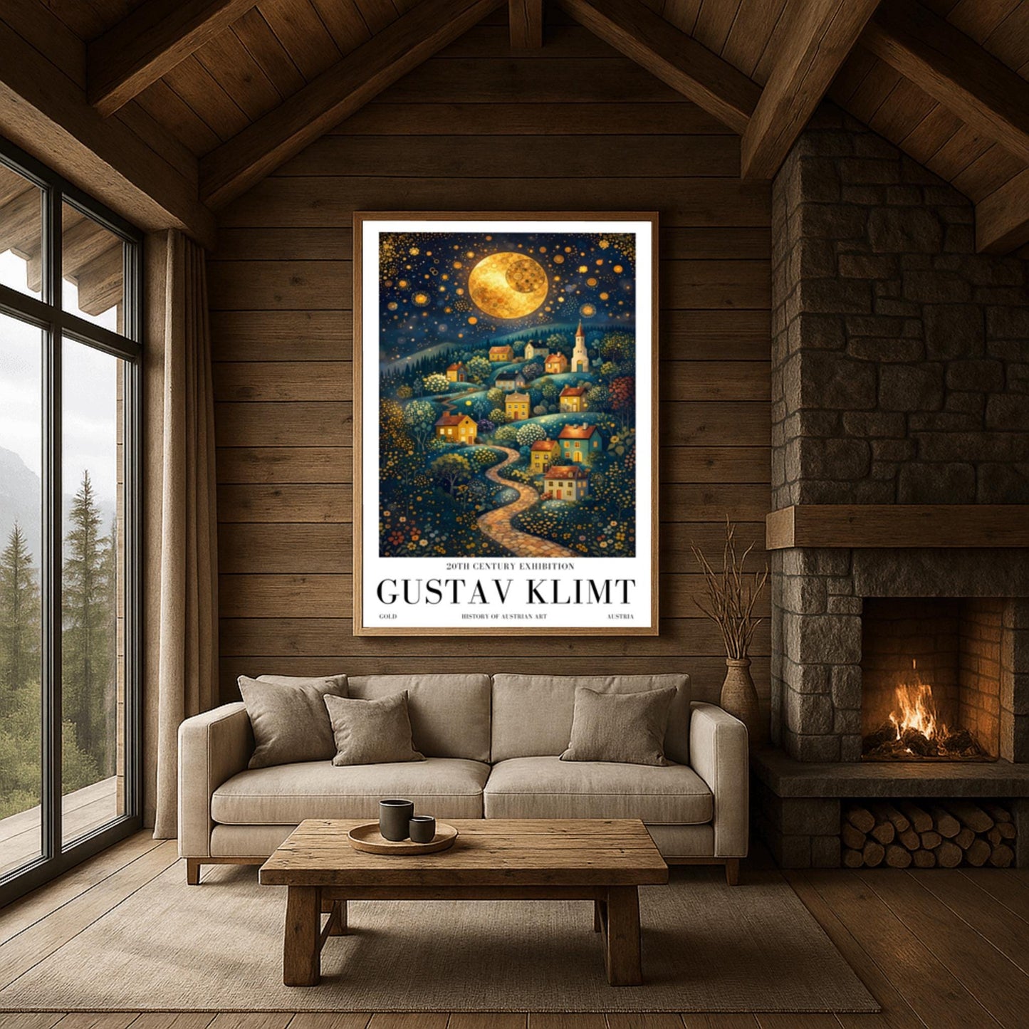 A vertical fine art exhibition poster in the style of Gustav Klimt. A winding cobblestone path leads up a hillside filled with small, colorful houses and a church under a massive golden mosaic moon. The sky is deep blue and filled with golden stars and spirals. Bold black text at the bottom reads "GUSTAV KLIMT" and "HISTORY OF AUSTRIAN ART."