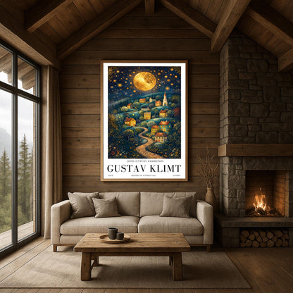 A vertical fine art exhibition poster in the style of Gustav Klimt. A winding cobblestone path leads up a hillside filled with small, colorful houses and a church under a massive golden mosaic moon. The sky is deep blue and filled with golden stars and spirals. Bold black text at the bottom reads "GUSTAV KLIMT" and "HISTORY OF AUSTRIAN ART."