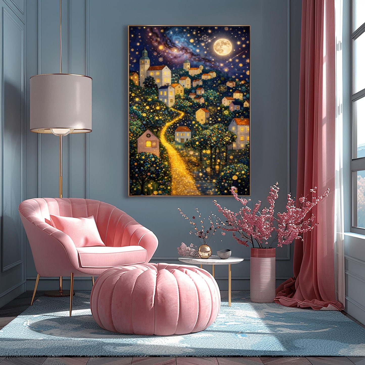 A vertical fine art painting in the style of Gustav Klimt. A hillside village with white houses and orange roofs is illuminated by a large, textured golden moon and a swirling starlit sky. A bright, glowing golden path winds through the village houses and mosaic-patterned trees. At the bottom, a dark sea reflects the shimmering lights. The style is highly decorative with gold leaf textures.