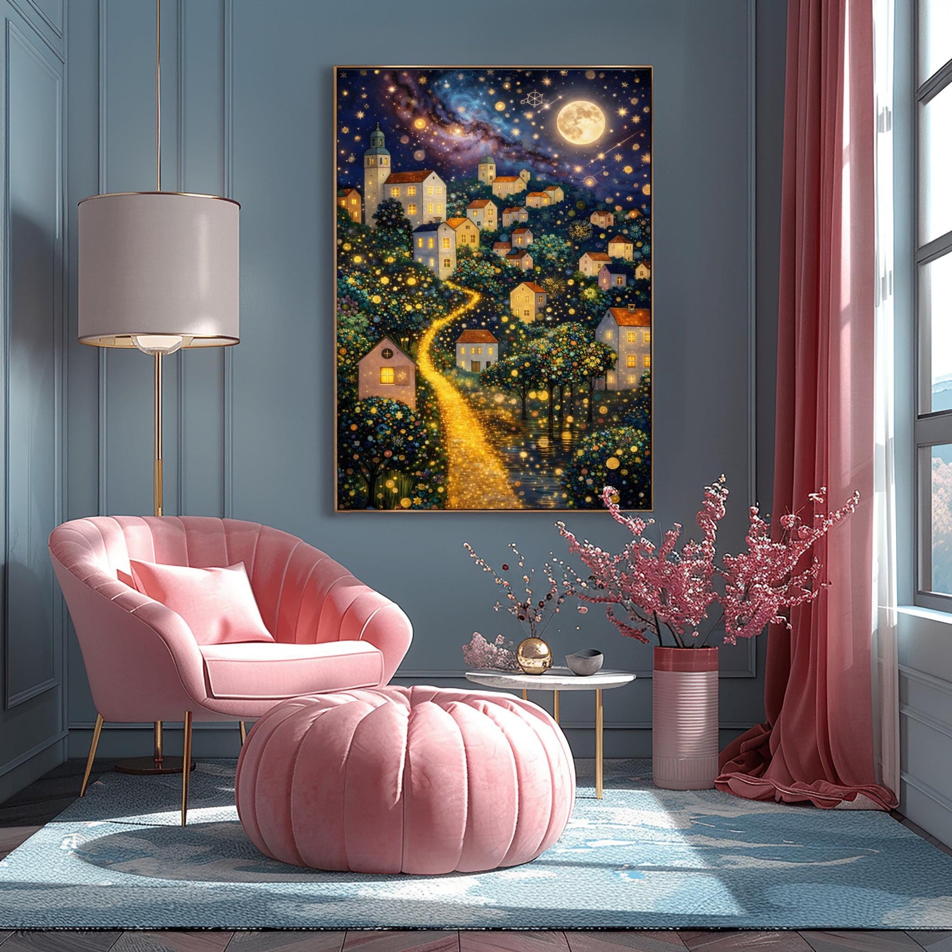 A vertical fine art painting in the style of Gustav Klimt. A hillside village with white houses and orange roofs is illuminated by a large, textured golden moon and a swirling starlit sky. A bright, glowing golden path winds through the village houses and mosaic-patterned trees. At the bottom, a dark sea reflects the shimmering lights. The style is highly decorative with gold leaf textures.