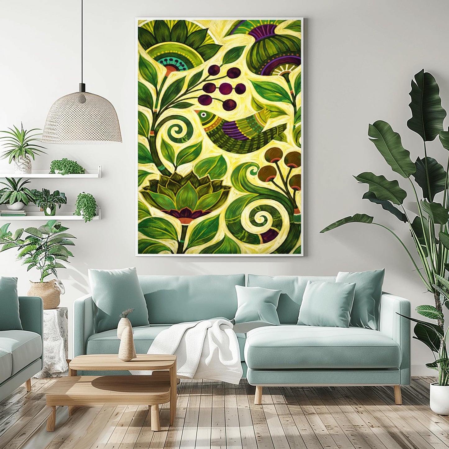 A vertical botanical art print in a modern folk style. A stylized bird with green and purple stripes is perched among thick, swirling green vines and large, pointed leaves. Clusters of dark purple berries and round brown seed pods are scattered throughout the composition. The background is a soft yellow-green, and the entire image is filled with intricate, hand-painted textures and circular patterns.