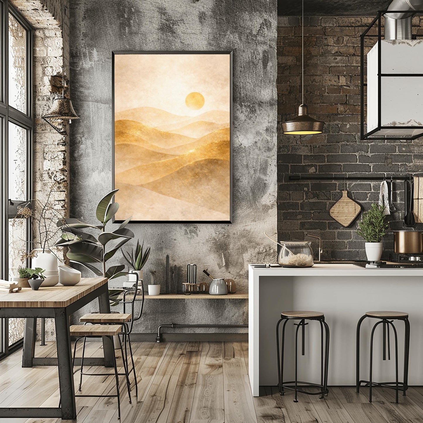 A vertical minimalist landscape in Art Nouveau style. Rolling desert dunes in shades of beige and tan are highlighted with shimmering golden dust on their ridges. A circular golden sun hangs in a hazy, textured cream sky.