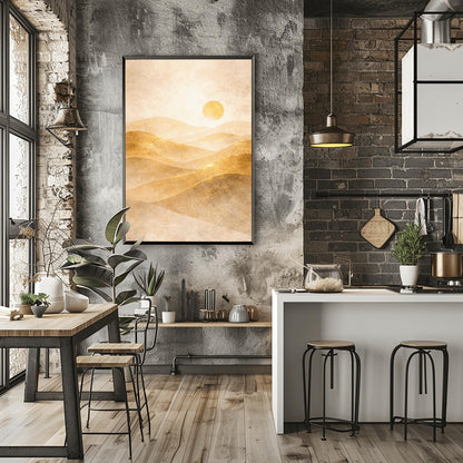 A vertical minimalist landscape in Art Nouveau style. Rolling desert dunes in shades of beige and tan are highlighted with shimmering golden dust on their ridges. A circular golden sun hangs in a hazy, textured cream sky.