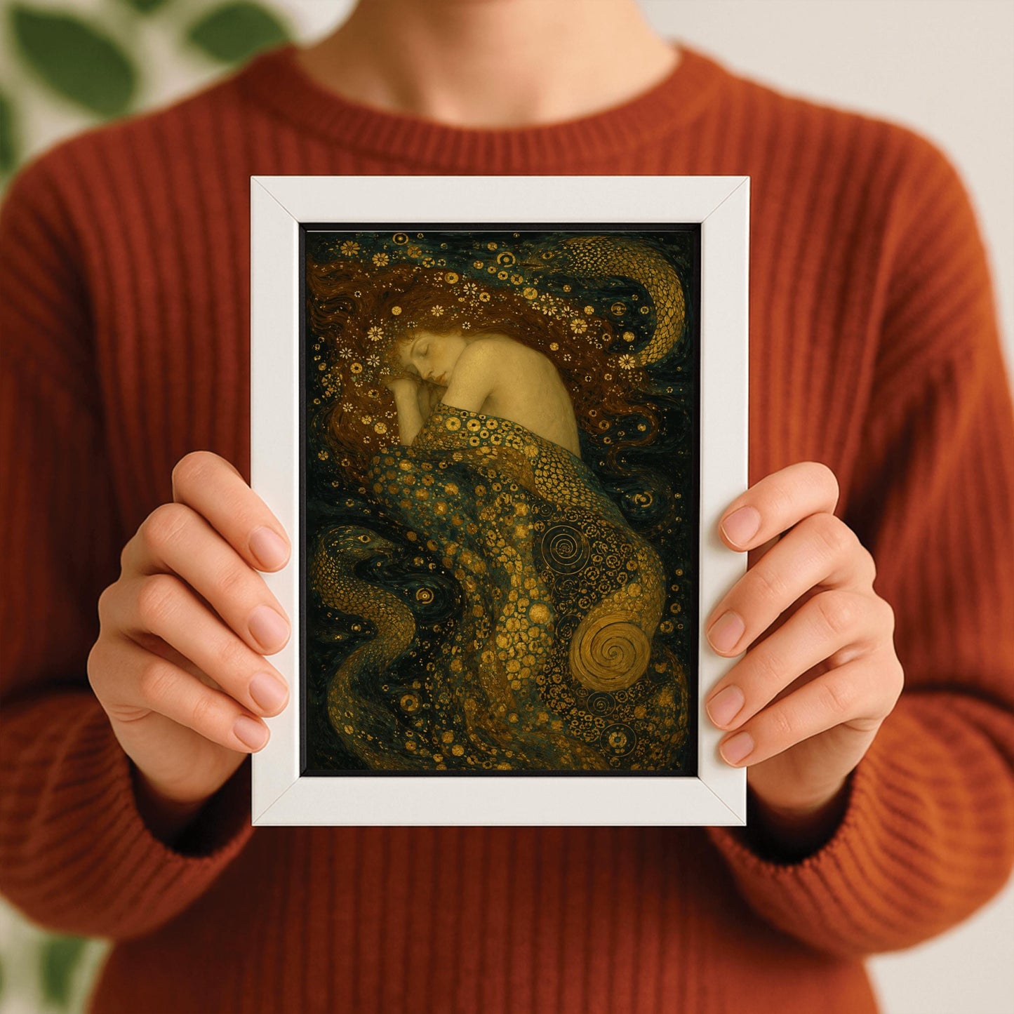 A vertical painting in the Art Nouveau style of Gustav Klimt.It features a pale-skinned female nymph sleeping peacefully on her side against a dark background.Her long, dark hair flows out and is speckled with dozens of tiny white wildflowers.Her body is draped in a heavy, swirling cloth filled with intricate golden mosaics, geometric patterns, and large bronze spirals.Two stylized, patterned sea serpents with shimmering scales wrap around the edges of the composition in the deep dark teal water
