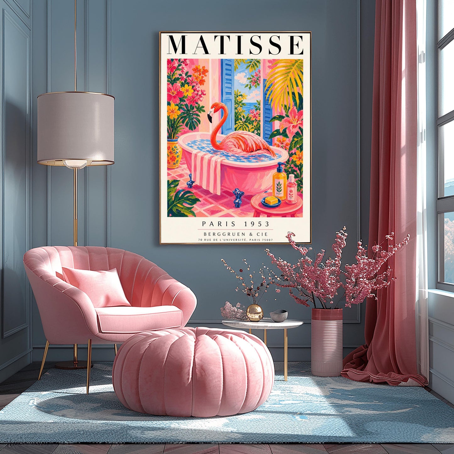 A vertical maximalist art print styled as a Henri Matisse exhibition poster. A vibrant pink flamingo with its long neck curved sits elegantly in a pink clawfoot bathtub. The bathroom features pink tiled floors and walls, with open blue shutters in the background looking out to the sea. The room is filled with tropical greenery and bright pink and orange flowers. A small pink table in the foreground holds soap and cosmetic bottles.