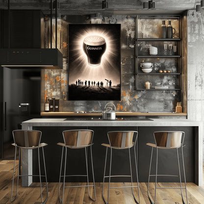 A vertical charcoal-style illustration. A pint of Guinness floats in a dark night sky like a solar eclipse, with bright rays of light radiating from behind the glass. Below, a group of tiny human silhouettes and one person with a telescope look up in wonder at the floating beer.